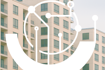 Modern apartment building with connected network nodes representing building management software