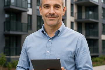 Professional man in blue shirt holding tablet standing in front of modern apartment building
