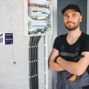 Male electrician working in a switchboard with fuses.